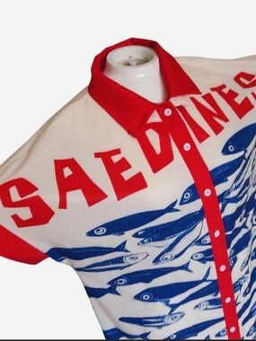 Red & Blue Fish Print Button-Up Shirt